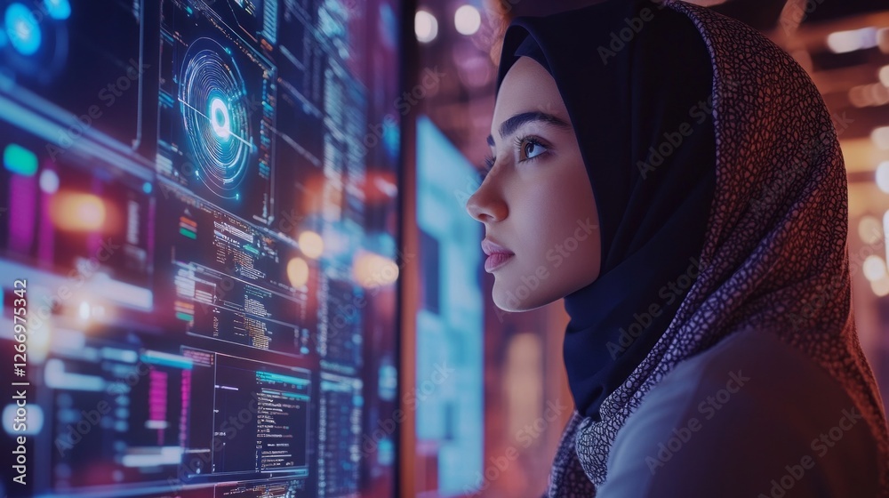 Poster focused on her work, a skilled muslim female data center engineer analyses complex data displayed on