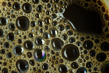 Close up of a cup of black coffee. Milk in coffee close-up top view. Black coffee with milk cream foam texture. Coffee foam macro.