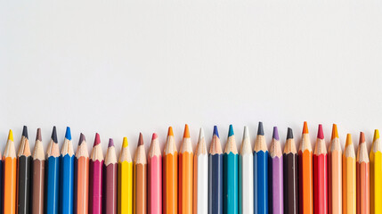 Color Pencil Row: A vibrant collection of colored pencils arranged in a neat row against a white background, showcasing a spectrum of colors ready for creative expression. 