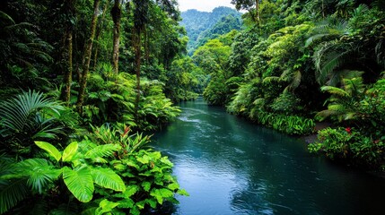 Obraz premium Serene Tropical Rainforest River Surrounded by Lush Greenery and Towering Trees in Nature