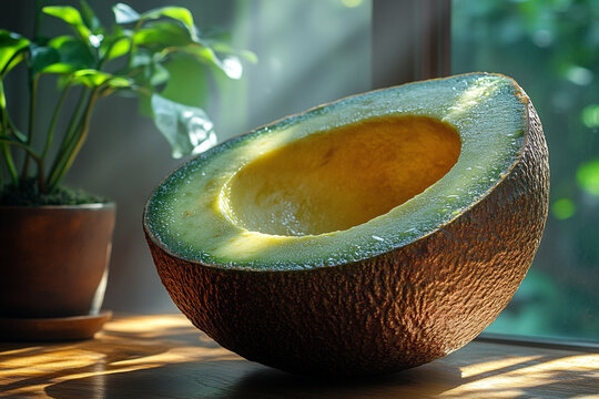 Halved avocado rests on wooden surface near plant