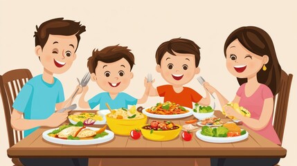 Happy Family Dinner Time: A Delightful Illustration of a Family Enjoying a Delicious Meal Together