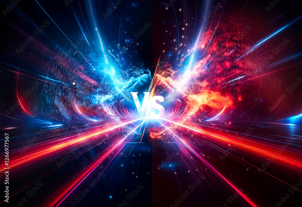 Poster dynamic energy clash background. vivid blue and red light streaks converge, creating an intense visu