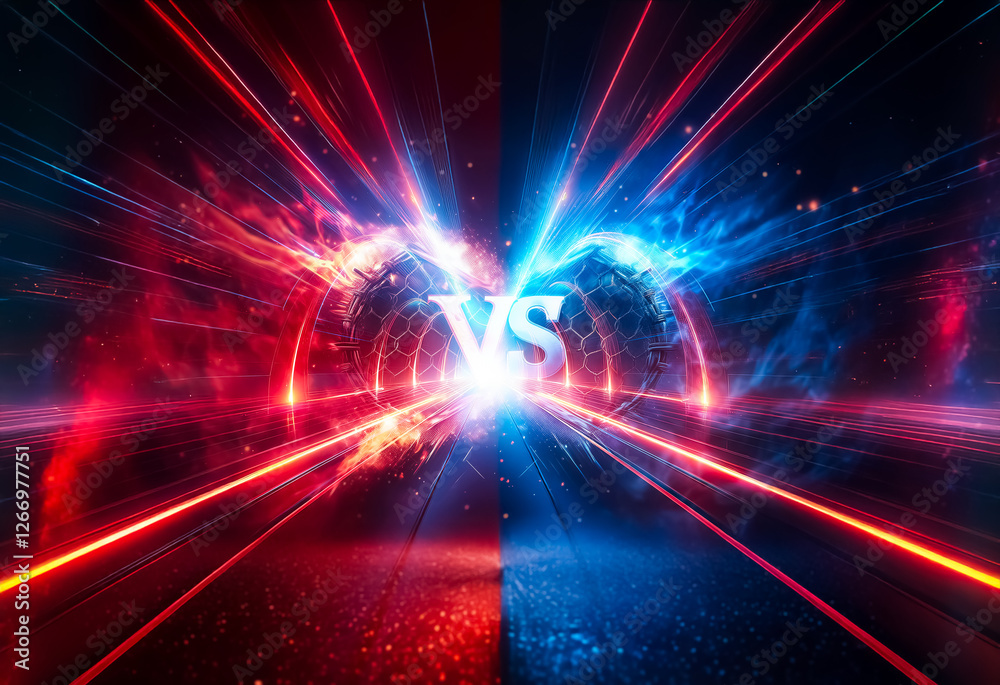 Poster Energetic image divided into red and blue zones converging at a bright center. Abstract background evokes a versus battle or intense competition with dynamic light rays.