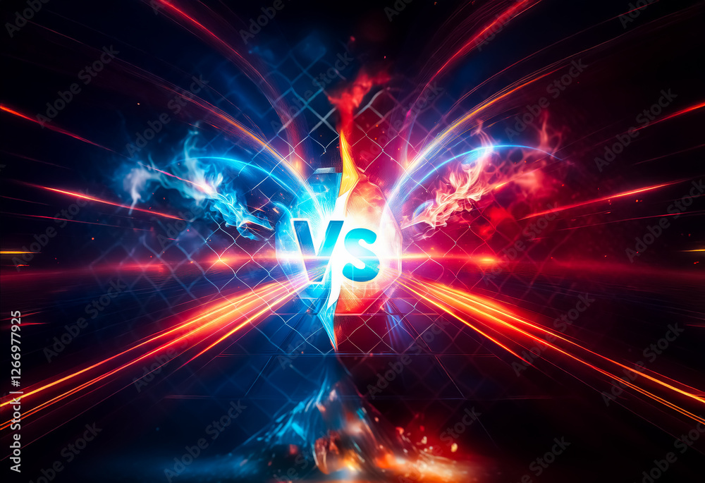 Poster Vibrant abstract background with opposing blue and red energy fields meeting at a central point marked with a 