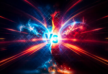 Vibrant abstract background with opposing blue and red energy fields meeting at a central point marked with a "VS". Dynamic radiating lines and grid texture.