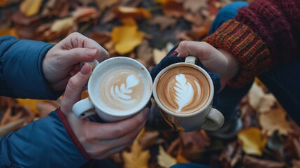 Two people holding coffee cups with white foam on top