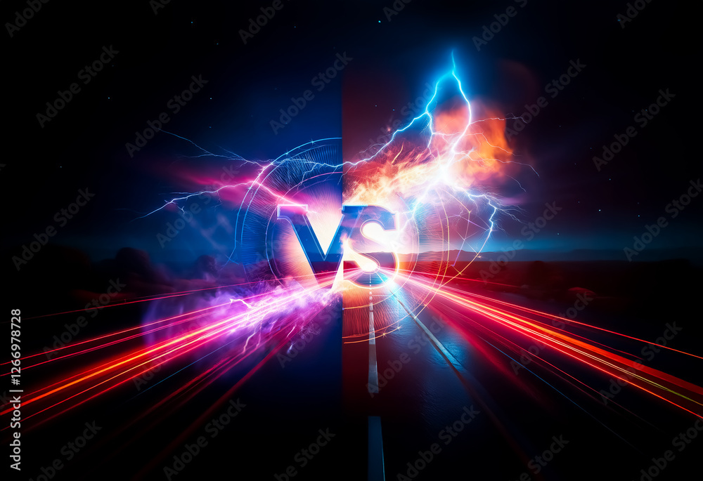 Poster A dynamic visual of blue lightning and red fire clashing in a high-speed showdown, creating an energetic and intense battle scene.
