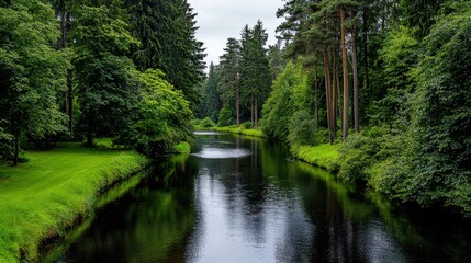 Fototapeta premium Tranquil River Surrounded by Lush Green Forest and Reflections in Calm Water