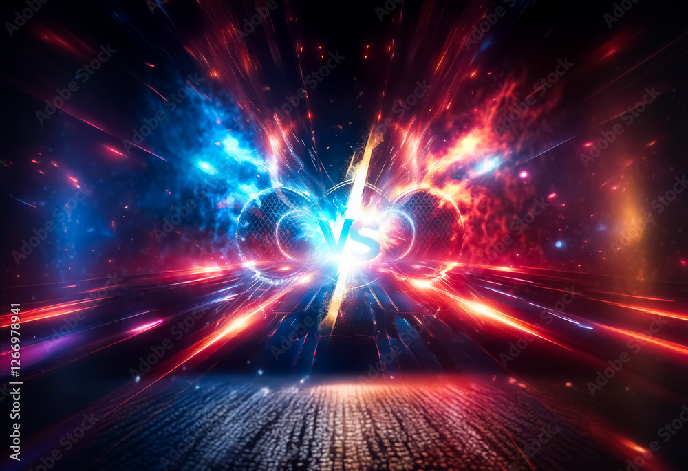 Poster a vibrant versus concept bursts with energy, featuring dynamic red and blue light streaks radiating 