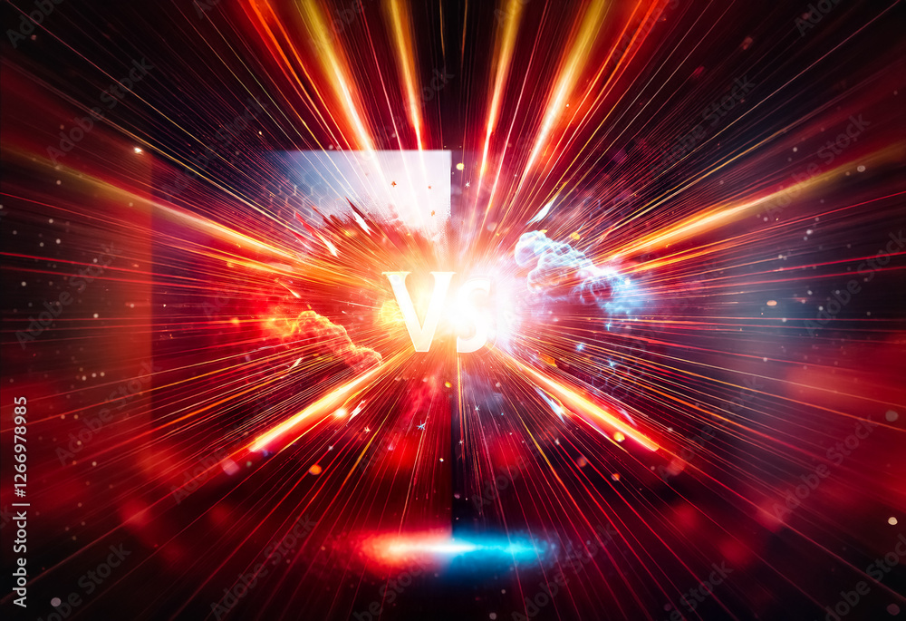 Aufkleber Vibrant red and blue energy clash in a dynamic burst of light, creating an intense and powerful versus scene with an abstract and graphic design.