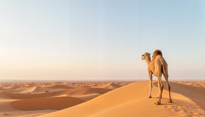 Majestic camel standing tall on desert ridge at sunset, tranquil beauty