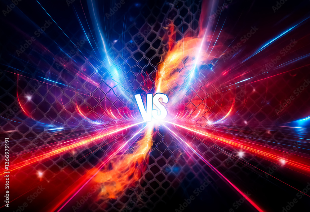 Poster intense visual of converging blue and red light streaks, symbolizing a dynamic clash. wire mesh back