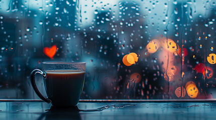 Rainy Day Comfort: A warm mug of tea sits on a windowsill, the rain-streaked glass revealing a blurred cityscape at night. The soft glow of city lights creates a cozy and contemplative atmosphere.