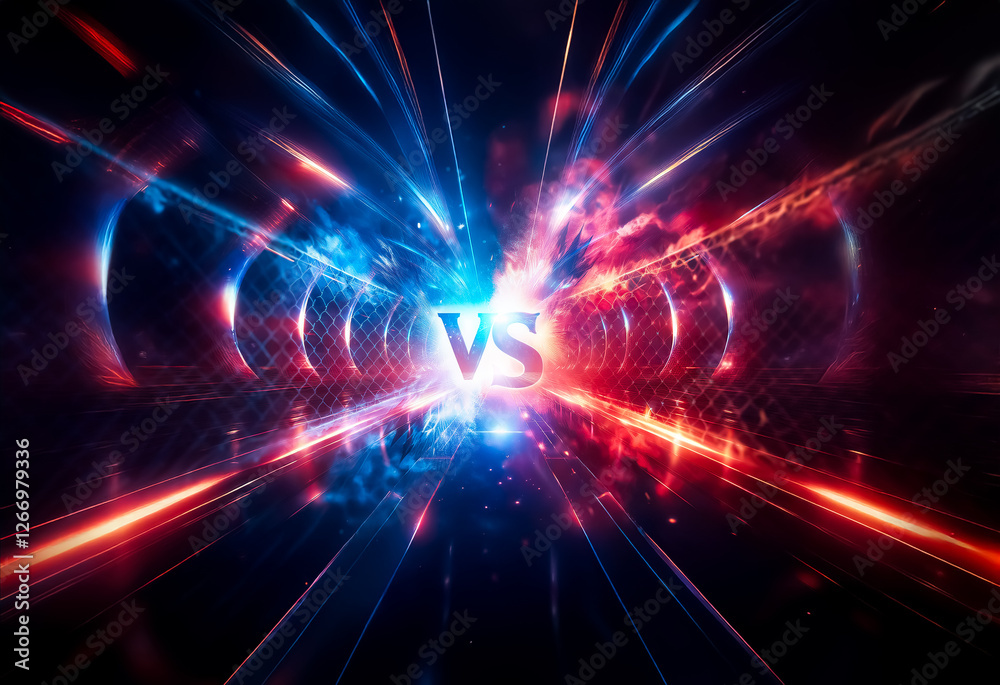 Poster Dynamic abstract image featuring a central 'VS' with vibrant blue and red light streaks, creating a sense of intense confrontation and energy.