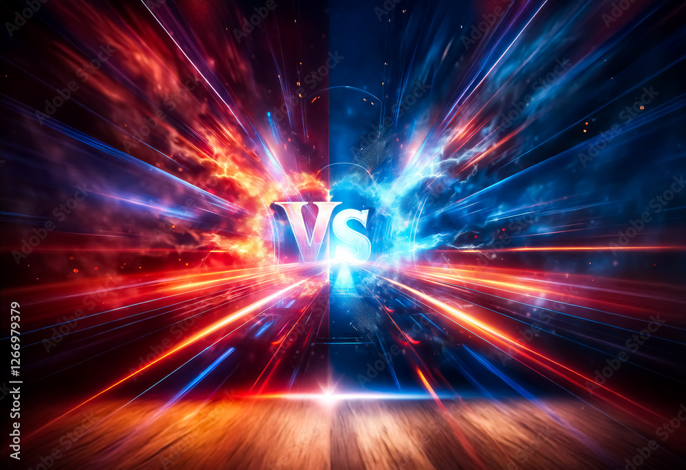 Poster dynamic vivid background split with fiery red and cool blue energy, centered with 'vs'. suggests an 