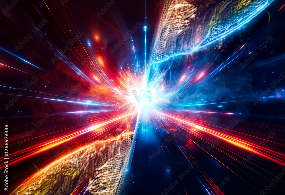 Aufkleber Two forces collide in a vibrant burst of energy. Red and blue beams clash, creating a dynamic explosion of light and power.  An intense visual representation of opposition.