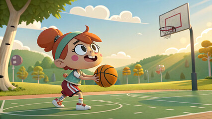 3d style cartoon character with cheerful face, a school girl playing basket ball in playground
