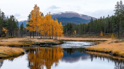 Serene Autumn Landscape with Reflections in Calm Water Surrounded by Lush Forest and Mountains