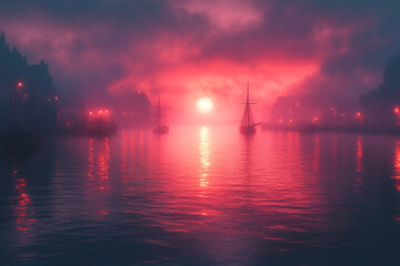 Naklejka premium Crimson Sunset Over Harbor Sailing Ships at Dusk