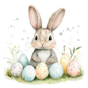 recommend clip art: watercolour clipart, cute cartoon easter bunny sat amongst pastel colour easter eggs, spring time 