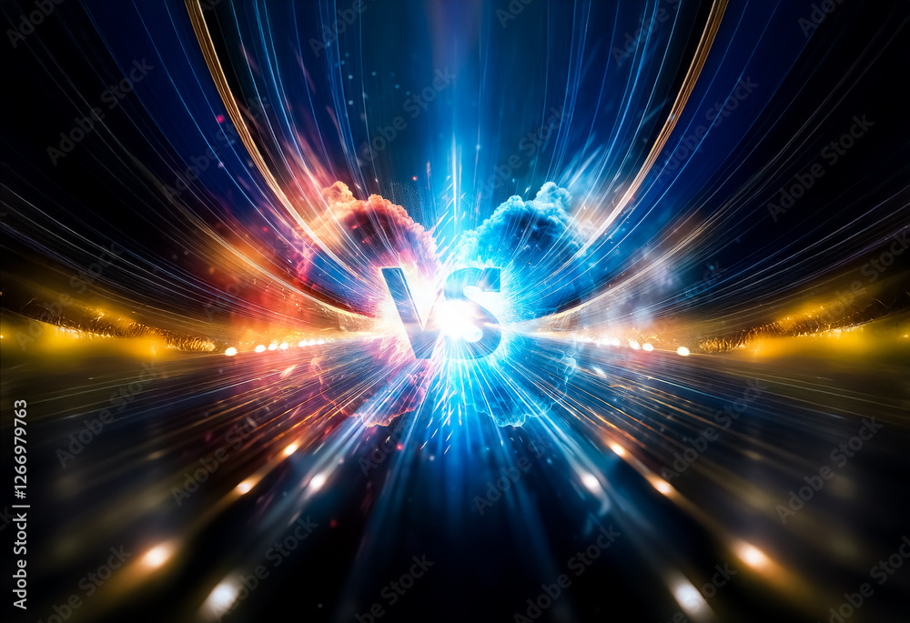 Leinwandbilder a dynamic abstract clash of energy, featuring streaks of blue and red converging at the center, crea