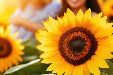 Fototapeta premium A vibrant close-up of a sunflower in full bloom, with a blurred couple enjoying a sunny day in the background, creating a warm and joyful summer atmosphere