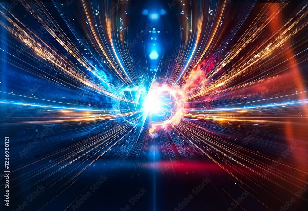 Poster Abstract vibrant light trails in blue and orange radiate from a central point, creating dynamic energy and motion.