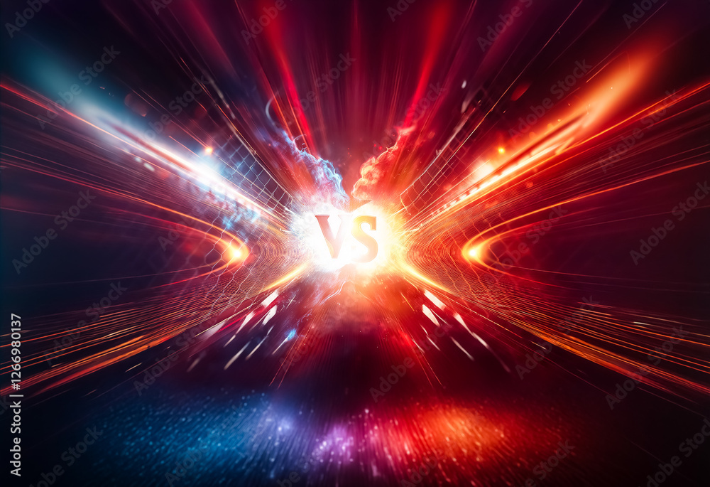 Fototapete Dynamic abstract background featuring vibrant red and blue light rays bursting from a central point. Energetic explosion of colors conveys speed and intense competition.