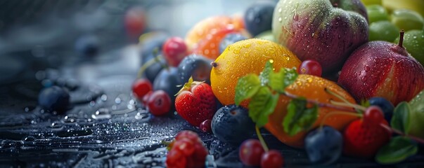 A bowl of fruit with apples, oranges, and blueberries