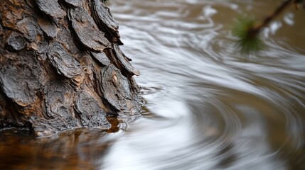 Intricate Pine Bark Reflections in Gentle River Current