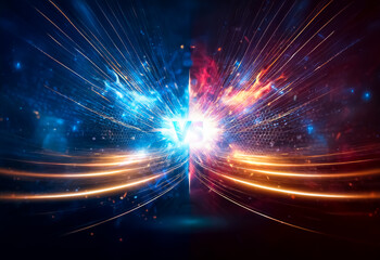 Obraz premium Vibrant energy streams collide in a powerful display of contrasting blue and red hues. Sparks and streaks illuminate the dark backdrop, suggesting an intense abstract confrontation.