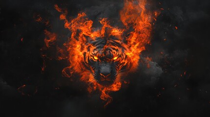 Fiery tiger head in dark smoke. Stock photo
