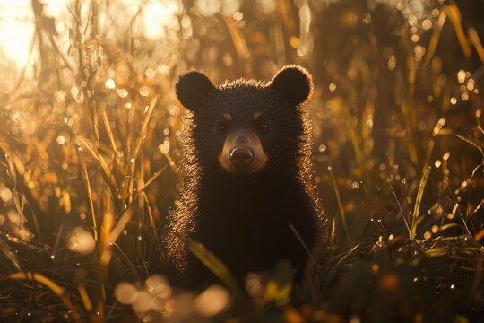 Bear cub sitting in sunlit grass. Wildlife awareness campaign