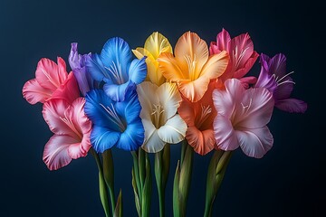 A vibrant bouquet of multicolored gladiolus flowers against a dark background, showcasing nature's beauty