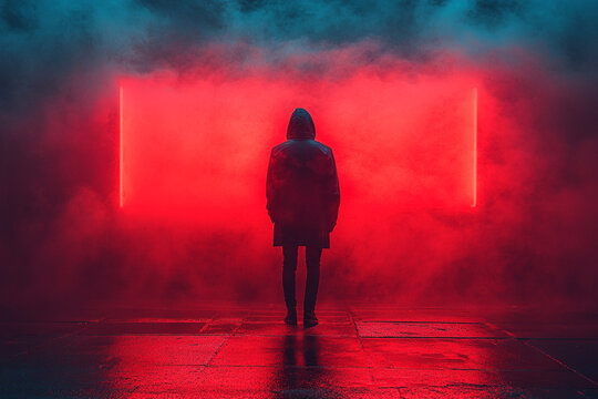Hooded Figure Stands Before Red Neon Light In Smoke