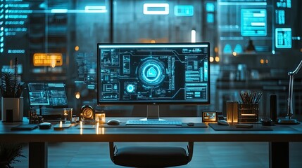 A futuristic workspace glowing with advanced AI tools helping solve business challenges, innovative and modern