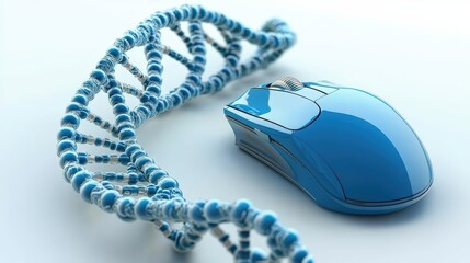 Computer mouse with 3d rendered dna strands illustrating technology and biology concepts