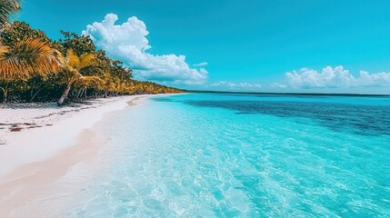 Serene Tropical Beach with Clear Blue Water and Lush Greenery Under a Bright Sky