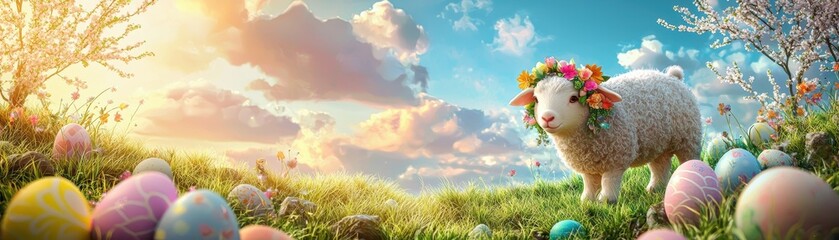Fototapeta premium A charming sheep adorned with flowers stands in a vibrant meadow filled with colorful Easter eggs under a beautiful sky.