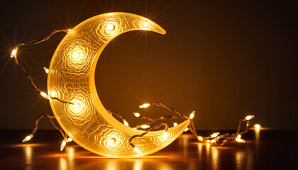 Illuminated golden crescent with string lights, soothing ambiance