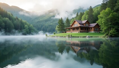 Fototapeta premium Charming wooden cabin by a tranquil lake reflecting mountains and trees in the morning mist