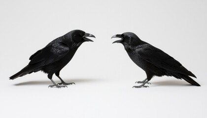 Obraz premium Two ravens confronting each other in plain white studio background