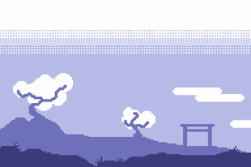 Japanese Spring Mountain Panorama View in Blue Tone, Pixel Art Style Illustration
