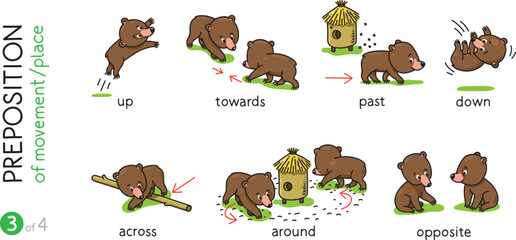 Preposition of movement Funny bears cartoon set