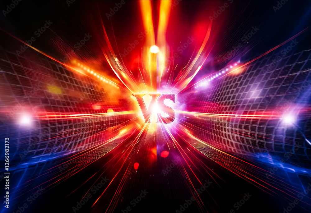 Leinwandbilder Dynamic background with bright red and blue light streaks converging on a central 