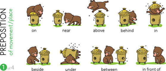 Preposition of place. Funny bears cartoon set