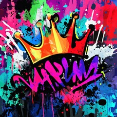 Crown graffiti art style, vibrant paint splashes on the wall. Possible for wall art or design