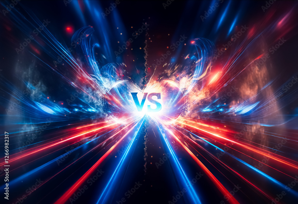 Fototapete dynamic, abstract clash with vibrant blue and red energy streams converging on a central point. a vi