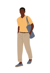 Stylish black man wearing smart casual outfit walking. Handsome african american male character in street fashion summer clothes. Vector realistic people illustration isolated